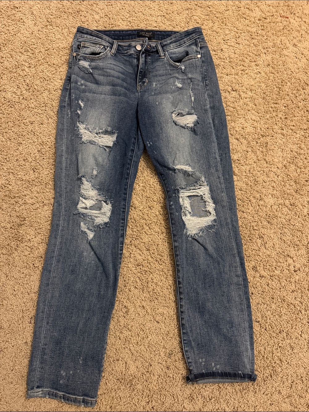Judy Blue Distressed Boyfriend Jeans - Medium Blue Wash